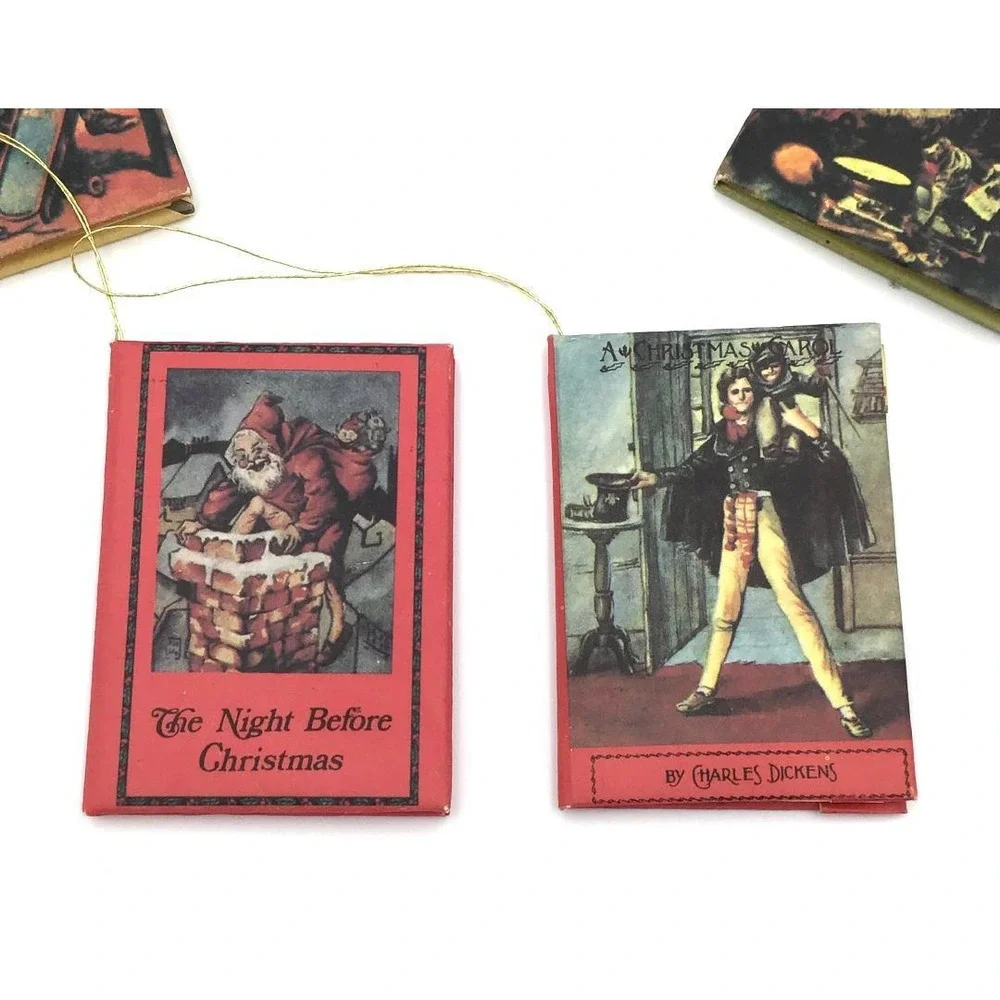 Vintage Miniature Book Christmas Ornaments Set 6 Victorian Santa Christmas Carol